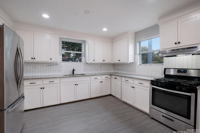 1129 N Smith St, San Antonio, TX 78207 - kitchen featuring appliances with stainless steel finishes, a sink, under cabinet range hood, tasteful backsplash, and recessed lighting