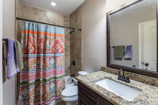 712 Crestview, Floresville, TX 78114 - full bathroom featuring a textured wall, vanity, toilet, shower / bath combination with curtain, and recessed lighting