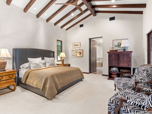 2835 Palomino Spgs, Bandera, TX 78003 - carpeted bedroom with beamed ceiling, high vaulted ceiling, recessed lighting, baseboards, and connected bathroom