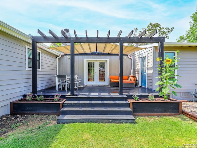 221 Harmon, San Antonio, TX 78209 - property entrance featuring a wooden deck, a pergola, french doors, and outdoor lounge area
