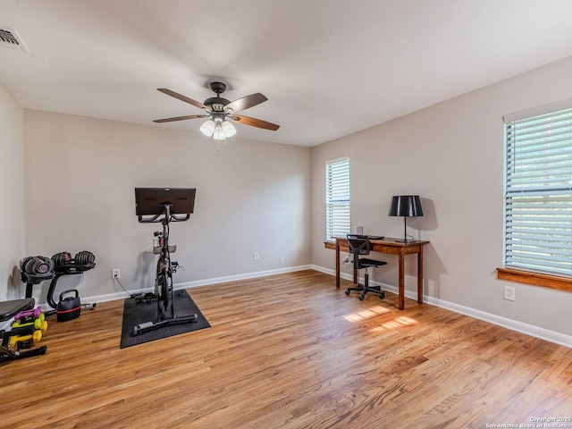 221 Harmon, San Antonio, TX 78209 - workout room featuring a ceiling fan, wood finished floors, and baseboards