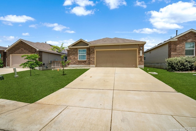 31646 Untrodden Way, Bulverde, TX 78163 - view of front of house featuring brick siding, a garage, a front yard, and driveway