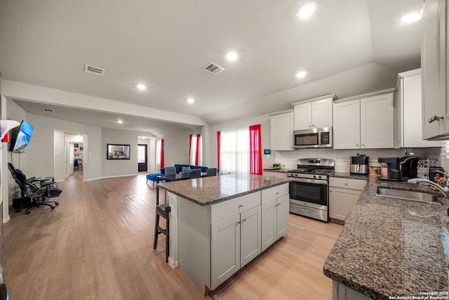 31646 Untrodden Way, Bulverde, TX 78163 - kitchen featuring stainless steel appliances, a kitchen island, light wood-style floors, open floor plan, and recessed lighting