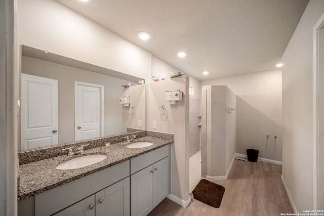 31646 Untrodden Way, Bulverde, TX 78163 - full bathroom with wood finished floors, walk in shower, double vanity, baseboards, and recessed lighting