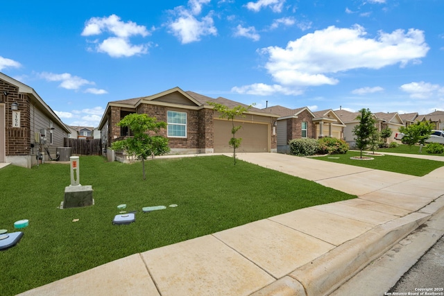 31646 Untrodden Way, Bulverde, TX 78163 - ranch-style home featuring concrete driveway, brick siding, a residential view, an attached garage, and central AC
