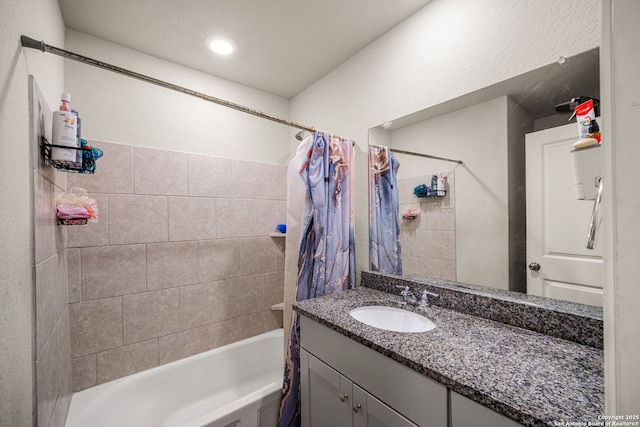 31646 Untrodden Way, Bulverde, TX 78163 - bathroom with vanity and shower / bath combination with curtain