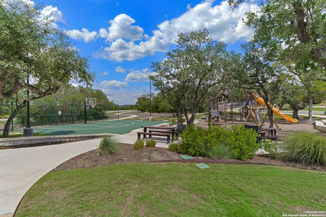 31646 Untrodden Way, Bulverde, TX 78163 - view of community featuring community basketball court and a lawn