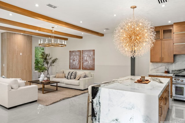 6 Turin Ct, San Antonio, TX 78257 - living room featuring a chandelier, recessed lighting, beamed ceiling, and light tile patterned flooring