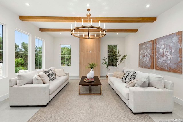 6 Turin Ct, San Antonio, TX 78257 - living area with recessed lighting, a chandelier, beam ceiling, and baseboards