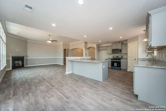 142 Merion Ln, La Vernia, TX 78121 - kitchen featuring stainless steel appliances, arched walkways, a ceiling fan, a sink, and light wood finished floors