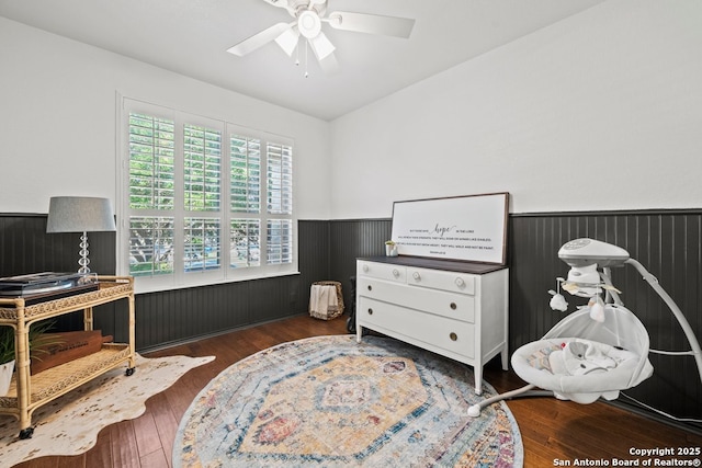 788 San Luis, New Braunfels, TX 78132 - bedroom with a wainscoted wall, wood finished floors, and ceiling fan