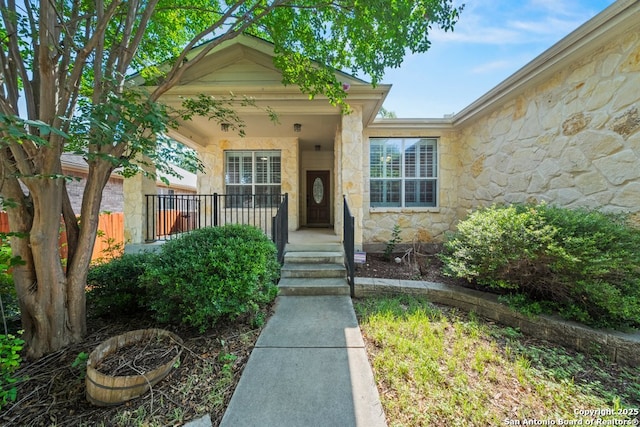788 San Luis, New Braunfels, TX 78132 - doorway to property featuring stone siding