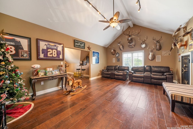 22355 Fossil, San Antonio, TX 78261 - living area featuring a ceiling fan, hardwood / wood-style flooring, rail lighting, and baseboards