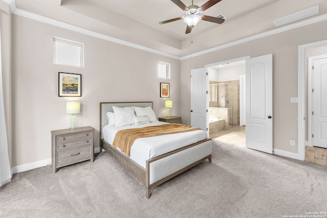 11926 Tower Crk, San Antonio, TX 78253 - bedroom featuring light colored carpet, a tray ceiling, baseboards, crown molding, and ensuite bath