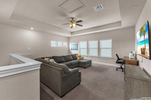 11926 Tower Crk, San Antonio, TX 78253 - carpeted living room featuring a raised ceiling and baseboards