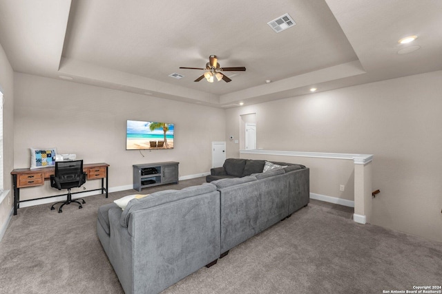 11926 Tower Crk, San Antonio, TX 78253 - living area featuring a tray ceiling, carpet flooring, ceiling fan, baseboards, and recessed lighting