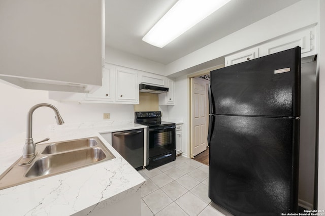 5359 Fredericksburg Unit 513, San Antonio, TX 78229 - kitchen with black appliances, a sink, white cabinetry, under cabinet range hood, and light tile patterned floors