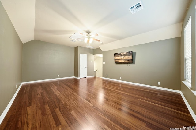 1711 Mountain, San Antonio, TX 78258 - spare room featuring ceiling fan, wood finished floors, lofted ceiling, and baseboards