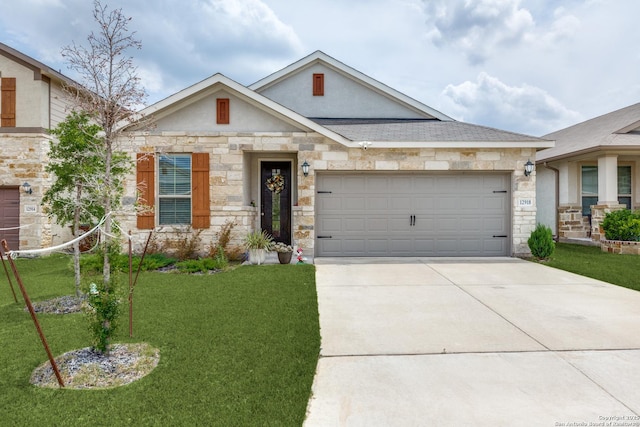 12918 Lilly Pass, San Antonio, TX 78254 - view of front of house featuring stone siding, a front lawn, an attached garage, concrete driveway, and stucco siding