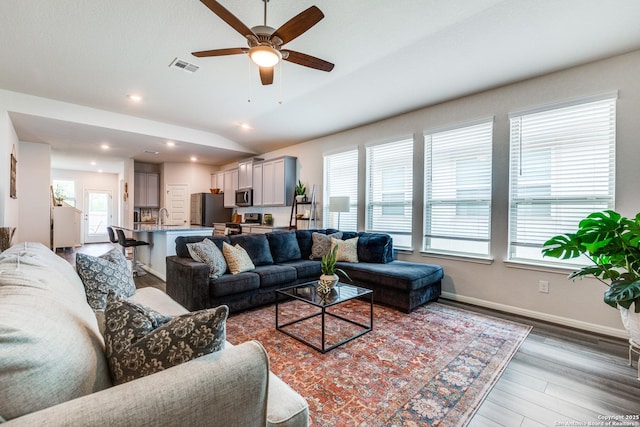 12918 Lilly Pass, San Antonio, TX 78254 - living area with wood finished floors, a ceiling fan, recessed lighting, and baseboards