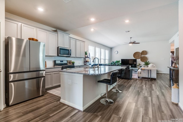 12918 Lilly Pass, San Antonio, TX 78254 - kitchen featuring stainless steel appliances, dark wood-type flooring, a sink, open floor plan, and ceiling fan