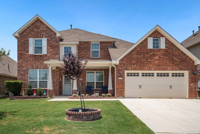 12829 Sandy White, San Antonio, TX 78253 - traditional home with brick siding, driveway, an attached garage, and a front lawn