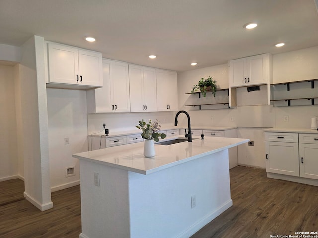 124 Baylor, San Antonio, TX 78204 - kitchen with a sink, dark wood-type flooring, open shelves, white cabinetry, and recessed lighting