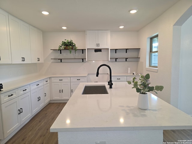 124 Baylor, San Antonio, TX 78204 - kitchen with open shelves, a sink, dark wood-style flooring, white cabinetry, and recessed lighting