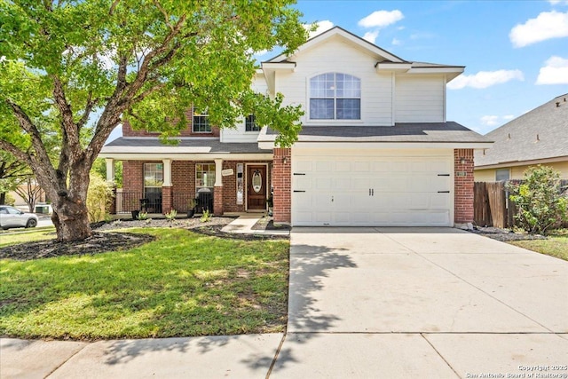 211 Rock Spgs, New Braunfels, TX 78130 - view of front of home with brick siding, concrete driveway, an attached garage, and a porch