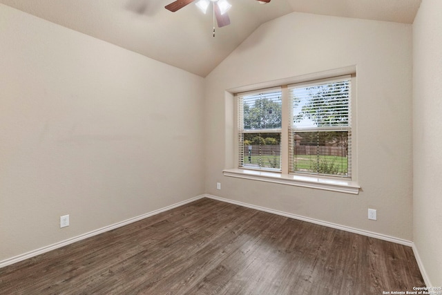 7238 Sunny Day, San Antonio, TX 78240 - spare room with a ceiling fan, dark wood-style flooring, vaulted ceiling, and baseboards