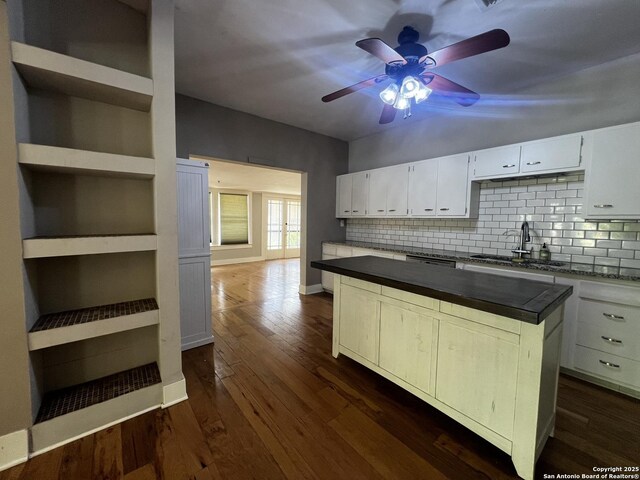 1024 W Mistletoe, San Antonio, TX 78201 - kitchen featuring a sink, dark countertops, a ceiling fan, and decorative backsplash