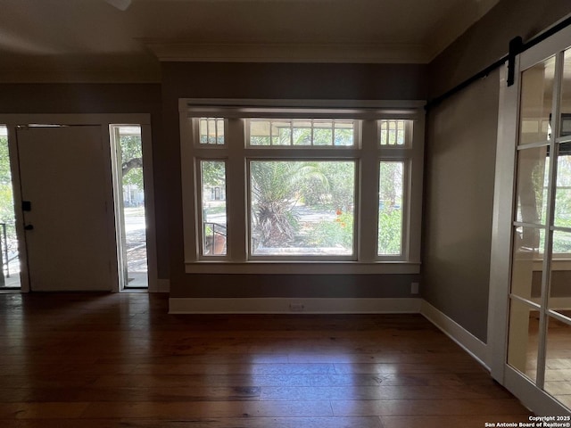 1024 W Mistletoe, San Antonio, TX 78201 - empty room with crown molding, wood-type flooring, a barn door, plenty of natural light, and baseboards