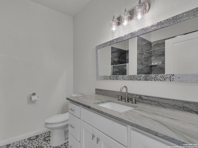 14329 Wisdom, Atascosa, TX 78002 - full bathroom with vanity, a stall shower, toilet, and baseboards