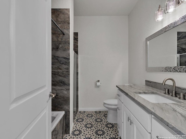 14329 Wisdom, Atascosa, TX 78002 - bathroom with vanity, a tile shower, toilet, tiled tub, and tile patterned floors