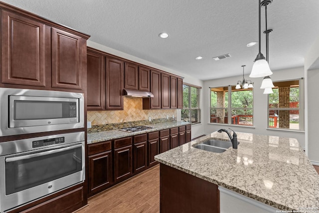 26011 Red Heron, San Antonio, TX 78261 - kitchen featuring appliances with stainless steel finishes, a sink, under cabinet range hood, light wood finished floors, and recessed lighting
