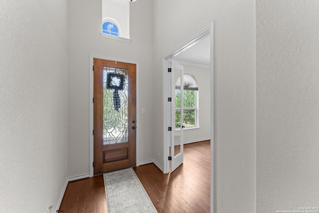 26011 Red Heron, San Antonio, TX 78261 - foyer entrance with dark wood finished floors, a textured wall, and baseboards
