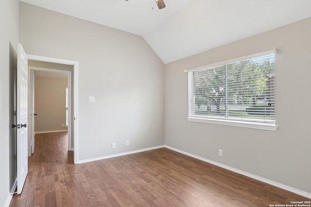 251 Las Brisas, Seguin, TX 78155 - empty room featuring dark wood-style floors, ceiling fan, baseboards, and lofted ceiling