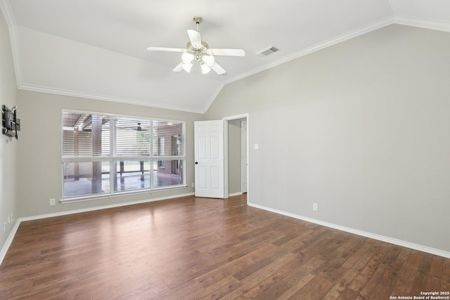 251 Las Brisas, Seguin, TX 78155 - empty room with vaulted ceiling, wood finished floors, a ceiling fan, baseboards, and crown molding