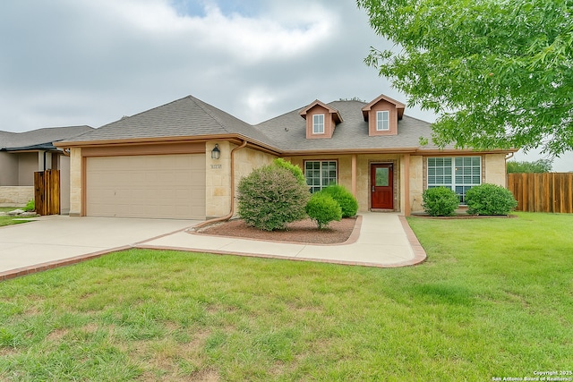 15608 York Ln, Selma, TX 78154 - view of front facade featuring an attached garage, concrete driveway, a shingled roof, stucco siding, and stone siding