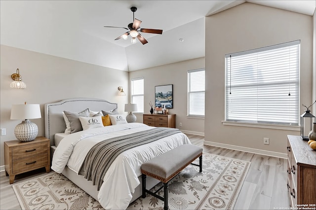 15608 York Ln, Selma, TX 78154 - bedroom with vaulted ceiling, light wood finished floors, baseboards, and a ceiling fan