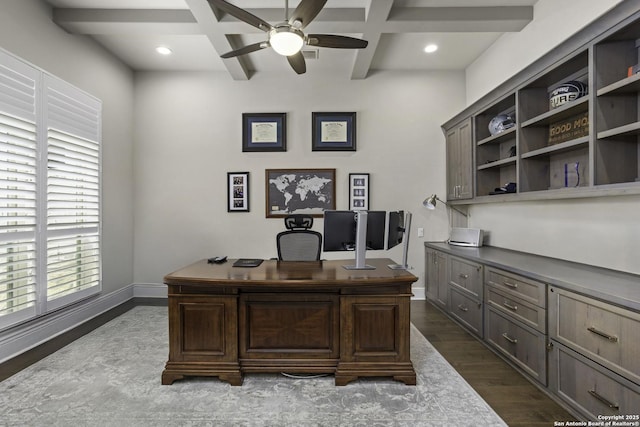 8602 Terra Mont Way, San Antonio, TX 78255 - office space featuring a ceiling fan, coffered ceiling, dark wood finished floors, beamed ceiling, and baseboards