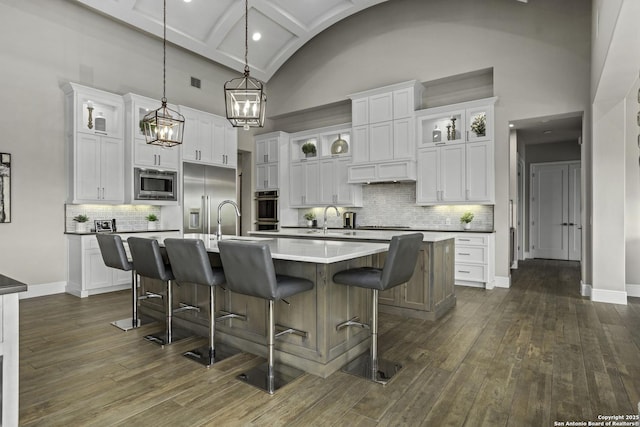 8602 Terra Mont Way, San Antonio, TX 78255 - kitchen featuring built in appliances, dark wood finished floors, white cabinetry, high vaulted ceiling, and a kitchen island with sink