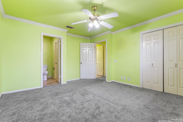 165 W Rampart Unit 204, San Antonio, TX 78216 - unfurnished bedroom featuring carpet floors, crown molding, baseboards, a closet, and connected bathroom