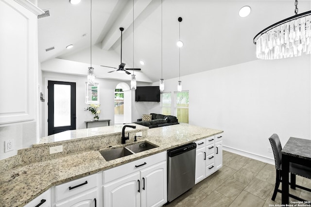 3307 W Salinas, San Antonio, TX 78207 - kitchen featuring stainless steel dishwasher, a sink, light stone counters, white cabinets, and pendant lighting