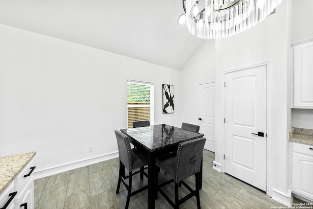 3307 W Salinas, San Antonio, TX 78207 - dining space with a chandelier, baseboards, and high vaulted ceiling