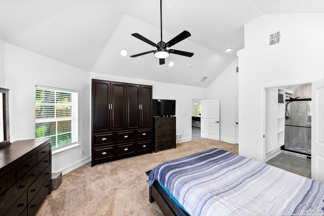 3307 W Salinas, San Antonio, TX 78207 - bedroom featuring high vaulted ceiling, light colored carpet, baseboards, and a ceiling fan