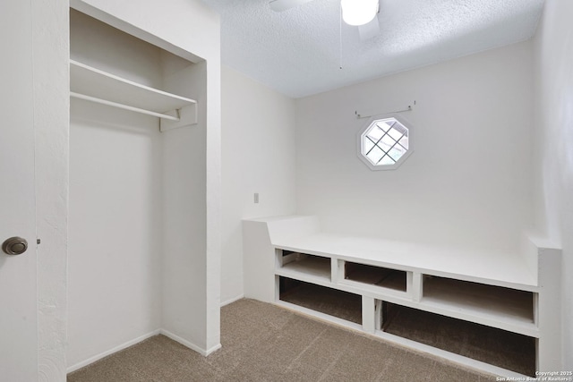 5810 Sky Country, San Antonio, TX 78247 - mudroom featuring carpet floors, a textured ceiling, a ceiling fan, and baseboards