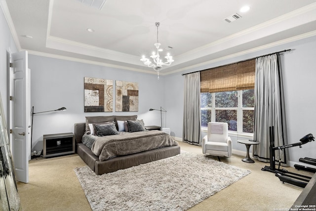 24706 Moorland, San Antonio, TX 78257 - carpeted bedroom with a chandelier, a raised ceiling, ornamental molding, and baseboards