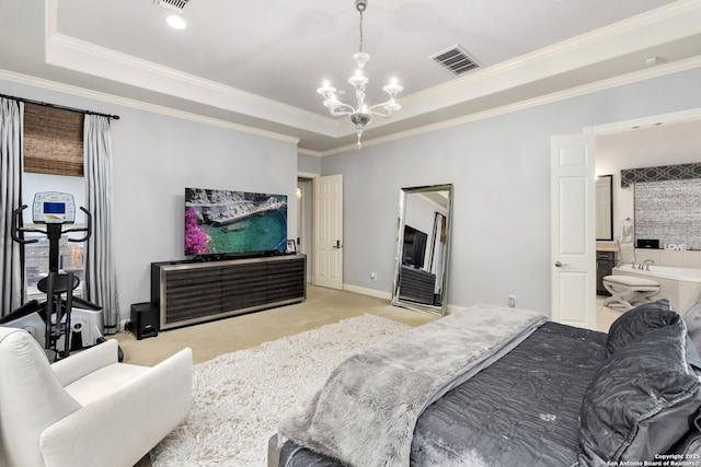 24706 Moorland, San Antonio, TX 78257 - bedroom featuring a tray ceiling, carpet flooring, crown molding, a chandelier, and baseboards