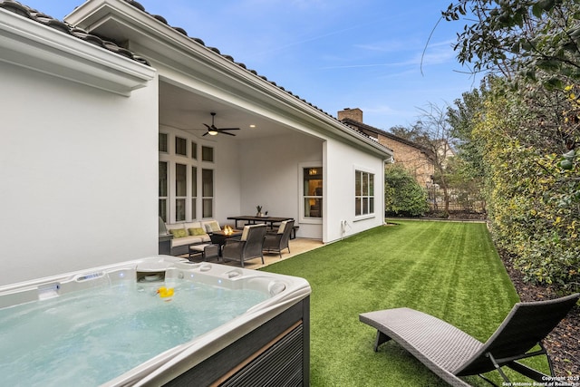 24706 Moorland, San Antonio, TX 78257 - view of grassy yard featuring a hot tub, ceiling fan, and a patio